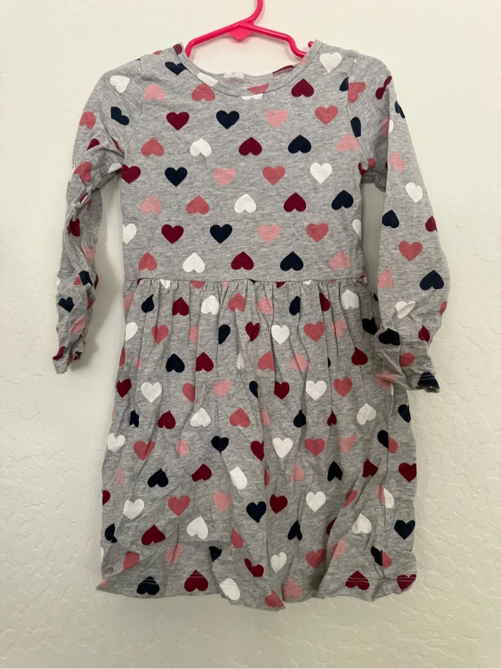 Carter's Grey Heart-Print Long Sleeve Dress with Pink, Navy & White Hearts